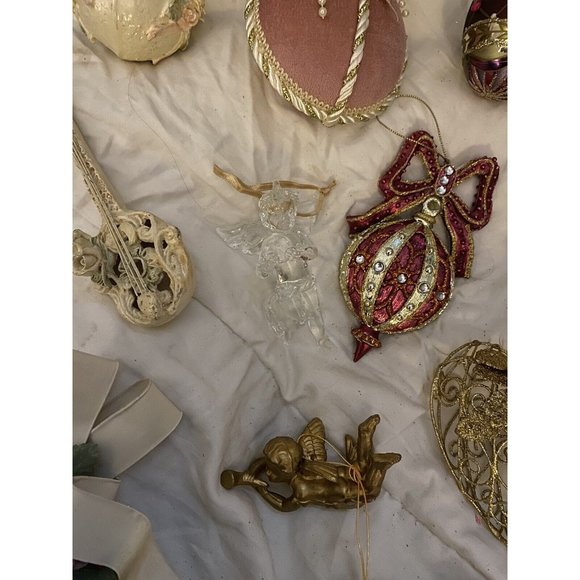 Victorian vintage ornaments heart lace gold pink Glass Flower Cherubs papermache - Picture 5 of 16